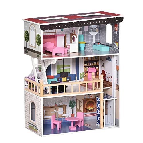 Homcom Casa delle Bambole i Lego a 3 Piai co Ascesore, Scala e 13 Accessori per Bambii 3-6 Ai, 60x30x80cm, Rosa