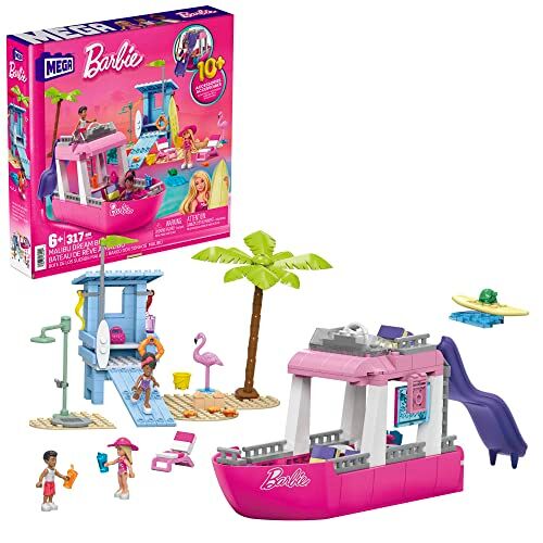 MEGA Barbie Barca dei Sogni di Malibu, playset da costruire da 317 pezzi, include 3 mini bambole, 2 cuccioli e tanti accessori, giocattolo per bambini,, 6+ anni,