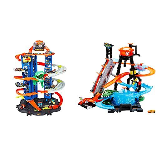 Hot Wheels Ultimate Garage, Assalto del T-Rex Robot, con 2 Macchinine Incluse & Mega Autolavaggio Playset per Macchinine con Pista Selvaggia e Coccodrillo, Torre dell'Acqua, Vasca del Vortice