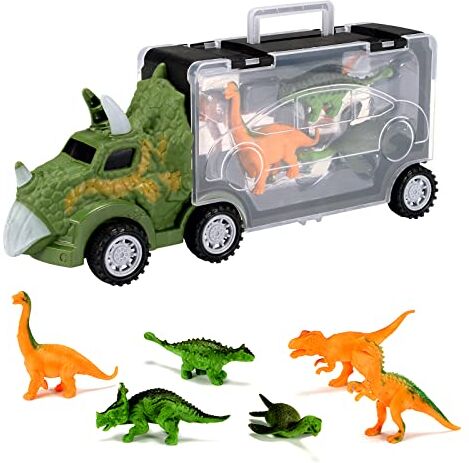 Oderra Dinosauri Camion Giocattolo-Dinosauri Macchinine Trasportatore con 6 Mini Dinosauro Giocattolo, Regali per Bambini 3 4 5 6 Anni, Verde