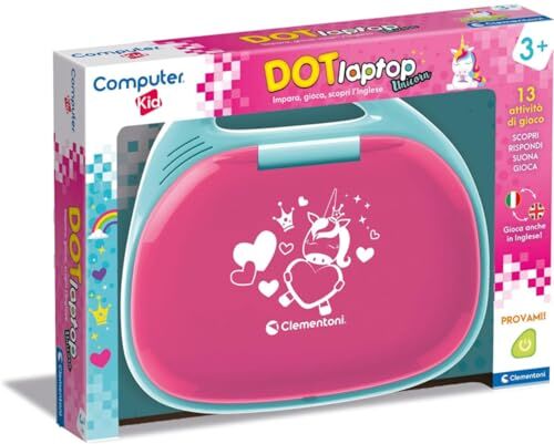 Clementoni Computer Kid DOT Unicorn Gioco Educativo Elettronico Parlante, Computer Bambini, Laptop bambini 3 Anni, Tecnologia Per Bambini, Portatile, Batterie Incluse