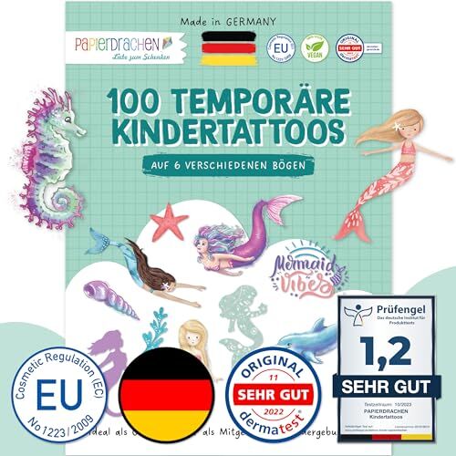 PaPIerDraCHeN 100 tatuaggi per bambini, particolarmente delicati sulla pelle, motivo sirene, per bambini, come regalo di compleanno o idea regalo, 100% vegano, testati e realizzati in Germania,set 28