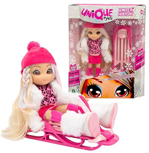 Giochi Preziosi , Unique Eyes Bambola Winter Holiday Rebecca, Bambola Bambina dai 3 Anni, le Uniche Bambole che ti Seguono con lo Sguardo, Accessori Moda e Slittino Invernale Abbinato