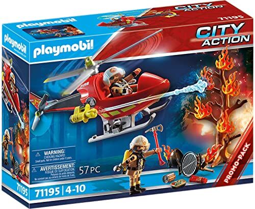 Playmobil City Action  Elicottero dei Vigili del Fuoco, Elicottero dei Pompieri con Cannone Estintore, Giocattolo per Bambini dai 4 Anni in su, Nero