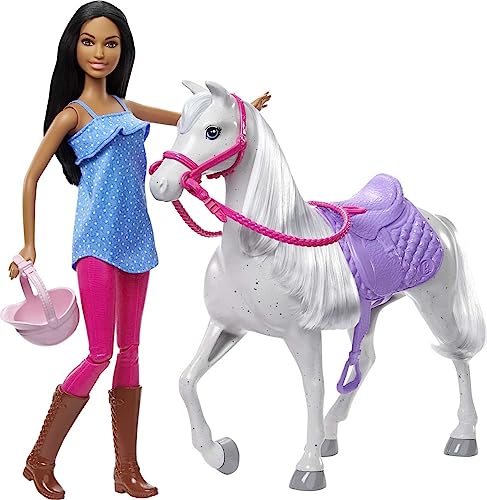 Barbie Playset Bambola  Castana Alta Circa 30cm e Cavallo con Sella, Briglie, Redini e Casco da Equitazione, Giocattolo per Bambini 3+ Anni,