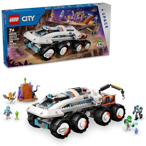 Lego City Command Rover e Crane Loader Set di costruzione giocattolo spaziale, 4 minifigure giocattolo astronauta, robot spaziale, 2 action figure aliene, regalo per ragazzi di 7 anni, ragazze e