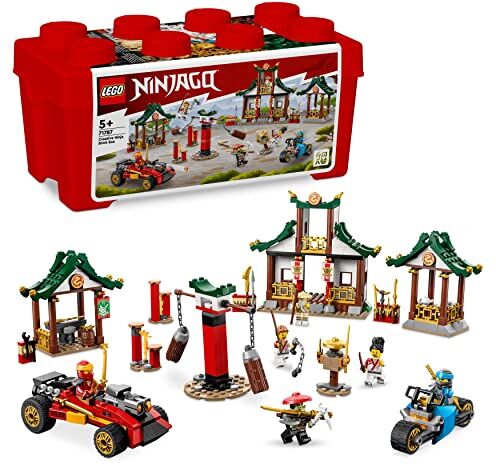 Lego NINJAGO Set Creativo di Mattoncini Ninja, Scatola Porta Giochi per Bambini, Ragazzi e ragazze per Costruire Dojo, Macchina e Moto Giocattolo con 6 Minifigure