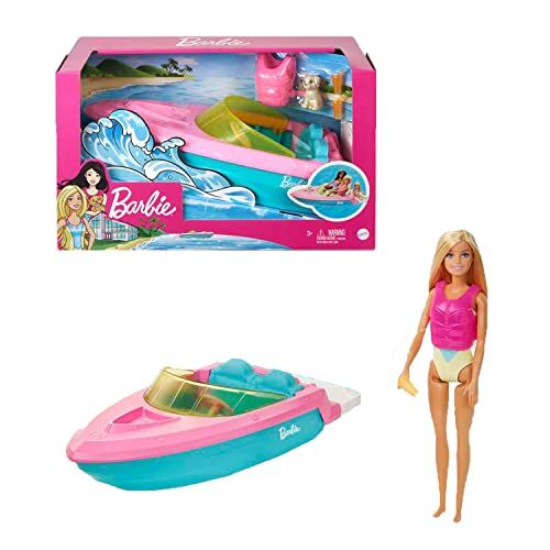 Barbie Playset con Bambola Bionda, Motoscafo Galleggiante, Cucciolo e Accessori, Giocattolo per Bambini 3+Anni,