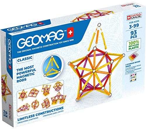 Geomag CLASSIC 93 pezzi Gioco di costruzione magnetico per bambini da 3-4 anni Prodotto in Svizzera Mattoncini con aste, palline, piastrelle Giochi STEM magnetici per bambini