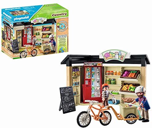 Playmobil Country  Bottega agricola aperta 24 ore su 24, bicicletta con rimorchio, negozio di prodotti agricoli biologici, giocattolo sostenibile per bambini dai 4 anni in su