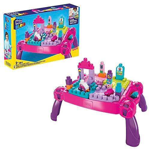 Mega Bloks First Builders tavolino multi attività rosa 3 in 1 con 30 blocchi da costruzione, esclusivo Amazon, Giocattolo per Bambini 1+ Anni, ,