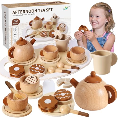 HERSITY Set da Tè Giocattoli in Legno, Giochi Cucina Bambini Servizio da Tè Giocattolo con Dessert Pallet, Gioco di Imitazione Regalo per Bambina 3 4 5 Anni