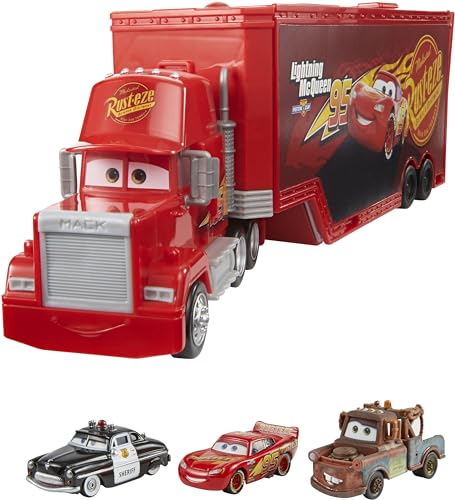 Disney Pixar Cars Mack Trasformabile Playset, Giocattolo 2 in 1 con Camion e Officina, Giocattolo per 3+ Anni & Confezione da 3 Veicoli Radiator Springs, con Macchinine Saetta McQueen