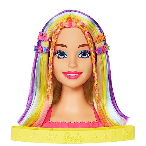 Barbie Super Chioma Hairstyle Capelli Arcobaleno, testa pettinabile con capelli biondi e ciocche arcobaleno fluo da acconciare, con accessori Color Reveal, giocattolo per bambini, 3+ anni,