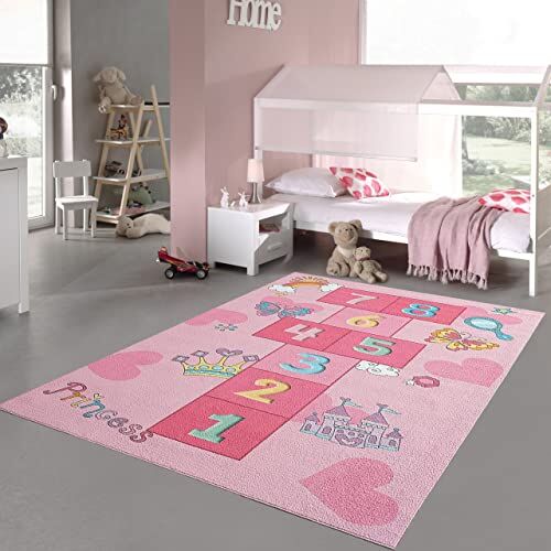 Teppich-Traum Tappeto per bambini a tema La Campana/Gioco di Rimbalzo con Farfalle e Cuori in rosa, 120x160 cm