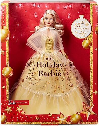 Barbie Signature  Magia delle feste 2023, bambola da collezione con capelli biondi e abito dorato, confezione da esporre, regalo per le feste, giocattolo per bambini, 6+ anni,