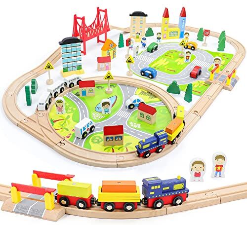 Symiu Pista Macchinine Trenino Legno Giochi Bambini 3 4 5 6 7 Anni 82 Pezzi Treno Giocattolo con Macchinine Giocattolo per Bambini, Trenino Legno Bambini Pista Trenino per Bambini Giocattoli Bambino