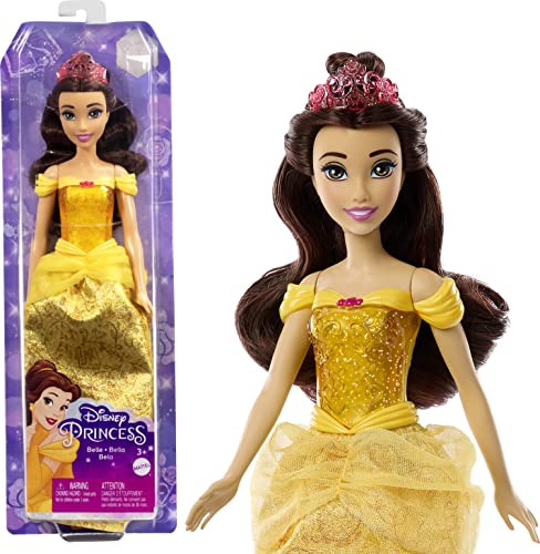 Mattel Disney Princess Belle bambola con capi e accessori scintillanti ispirati al film, giocattolo per bambini, 3+ Anni,