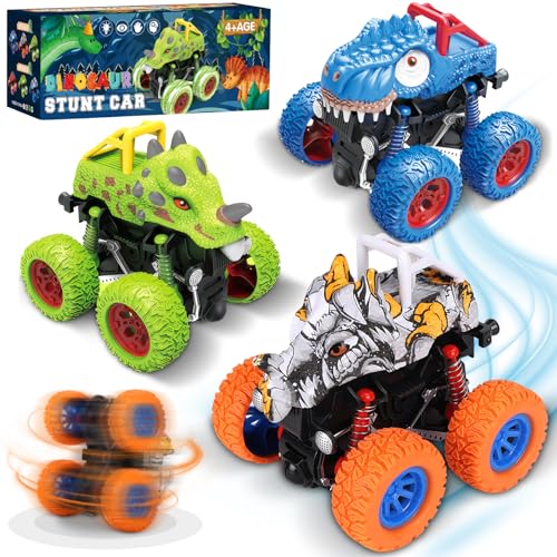 POWZOO Monster Truck Giocattolo, 3 Pezzi Inerziale Tirare Indietro Auto,Rotazione a 360 Gradi,Dinosauri camion, Macchinine Giocattoli, per Migliore Regalo Bambini 3-10 Ann.