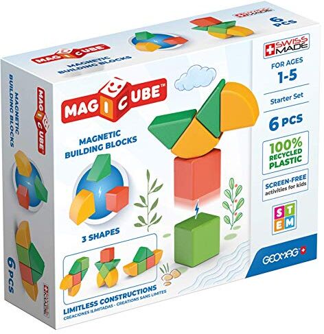 Geomag Magicube 1+ Shapes Magnetic Blocks for Kids 4 Colours and Shapes 6 Cubes – 100 Percent Recycled Plastic