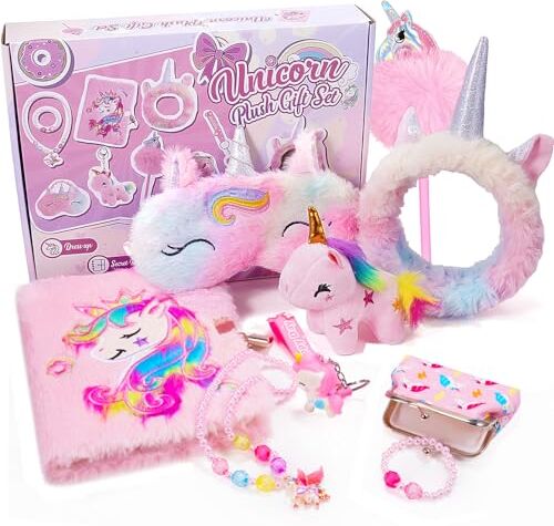 HappyKidsClub Unicorno Bambina Regalo Natale 3-12 Anni, Diario Segreto Bambina con Penne Bracciale Collana Portamonete Bambina Portachiavi Peluche Fascia Capelli Skincare Mascherina per Dormire