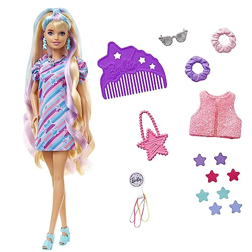 Barbie Super Chioma Bambola con Abito a Stelle, Capelli Fantasia Lunghi 21,6cm, Abito, 15 Accessori alla Moda 8 con Effetto Cambia Colore, Giocattolo per Bambini 3+ Anni,