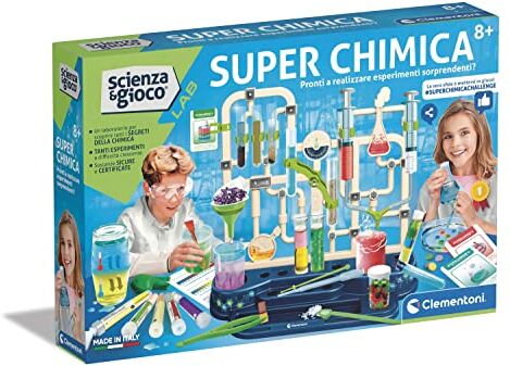 Clementoni Gioco Lab-Super chimica, kit esperimenti scienza, laboratorio scientifico 8 anni, manuale in italiano, Made in Italy, Multicolore,