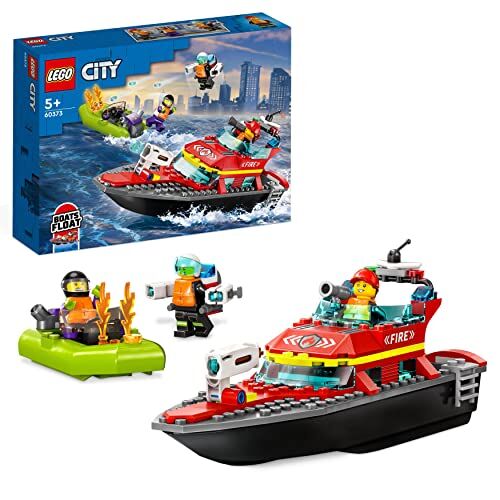Lego City Fire Barca di Soccorso Antincendio dei Vigili del Fuoco, Nave Giocattolo Galleggiante con Gommone di Salvataggio e Minifigure