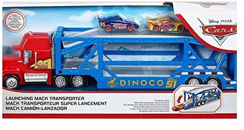 Mattel Disney Pixar Cars Launching Mack Transporter Blue Dinoco Transporter Stores 15+ Auto Viene Fornito con Flash McQueen Viola e Flash McQueen Giallo Rusteze