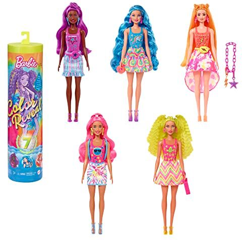 Barbie Color Reveal con 7 sorprese, Serie Fluo con Stampa Tie-Dye ed Effetto Cambia Colore, Giocattolo e Regalo per Bambini 3+ Anni,