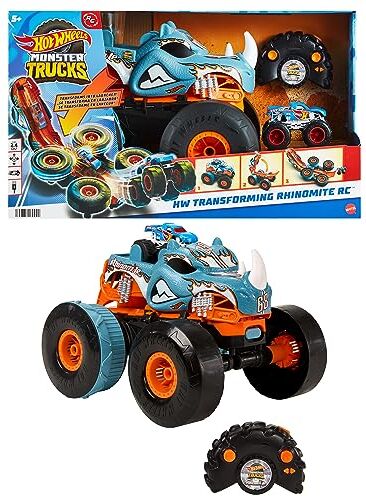 Hot Wheels Monster Trucks Rhinomite Trasformabile Radiocomandato in Scala 1:12, Si trasforma in Un Lanciatore, con Truck Race Ace in Scala 1:64 Incluso, Giocattolo per Bambini, 5+ Anni,