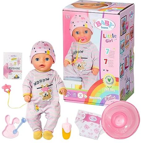 BABY born Little Girl 36 Cm Facile per Mani Piccole, Il Gioco Creativo Promuove L'Empatia e Le Abilità Sociali per Bambini Dai 2 Anni in Su Include Vestito e 7 Accessori