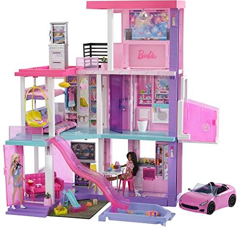 Barbie Casa dei Sogni 60° Anniversario Playset con 2 Bambole, Auto, Piscina, Scivolo, Ascensore, luci e Suoni, Oltre 100 Pezzi, Giocattolo per Bambini dai 3 Anni in su,