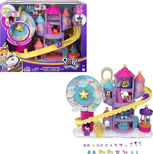 Mattel Polly Pocket- Playset Lunapark dell'Arcobaleno con 3 Giostre, 7 Aree di Gioco, 2 Micro Bambola Polly e Shani, 2 Unicorni e 25 Sorprese, Giocattolo per Bambini 4+ Anni,