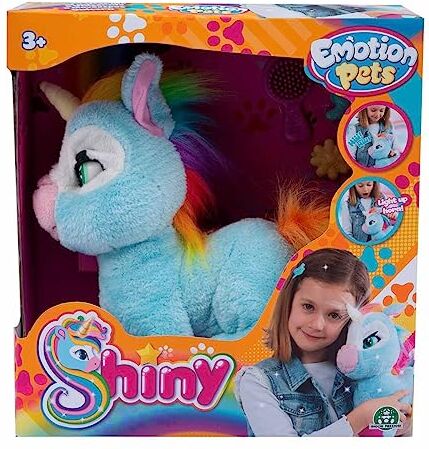 Giochi Preziosi Emotion Pets, Shiny Peluche Unicorno, Giochi Bambini 3 Anni +, Peluche Interattivo con Spazzola e 2 Fermagli Colorati Inclusi, Color Azzurro e Criniera e Coda Color Arcobaleno