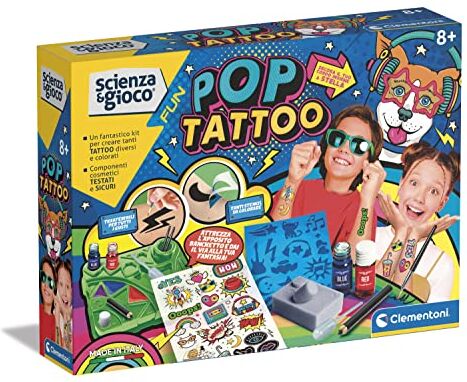 Clementoni Scienza e Gioco Fun Pop, Tattoo Bambini, Fabbrica, Kit temporanei, Set Tatuaggi e Laboratorio scientifico 8 Anni, Made in Italy, Multicolore,