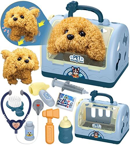 STAY GENT Peluche Robot Cane Giocattolo Kit Valigetta Dottore Bambina 12Pezzi Veterinario Gioco Cagnolino Che Abbaia e Cammina & Gabbia Stetoscopio Natale Regalo Giochi Bambini Bambina 3 4 5 6 8 Anni