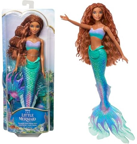 Mattel Disney La Sirenetta Ariel, bambola con l'iconica coda da sirena colorata e glitterata e lunghi capelli rossi da acconciare, giocattolo per bambini, 3+ anni,