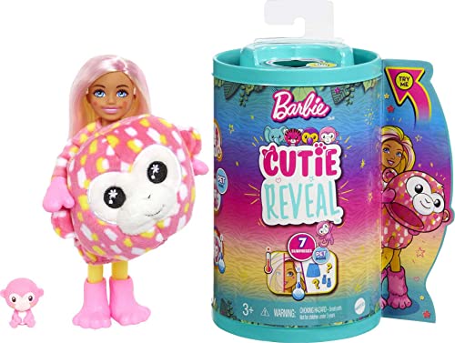 Barbie Cutie Reveal Serie Amici della giungla, Bambola con costume da scimmietta di peluche e 7 sorprese cambia colore, bambole e accessori, giocattolo per bambini 3+ Anni,