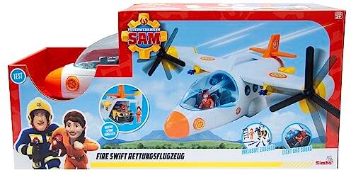 Simba Sam Aereo di Salvataggio Fire Swift (42 cm), Grande Giocattolo con ribaltatore, Figura, Cavallo e Molte funzioni, con Luce e Suono per Bambini dai 3 Anni in su