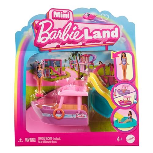 Barbie Mini Land Set mini Barca dei Sogni e bambola, playset bambola 3,8 cm e veicolo con sorpresa cambia colore in acqua calda e fredda, giocattolo per bambini, 4+ anni,