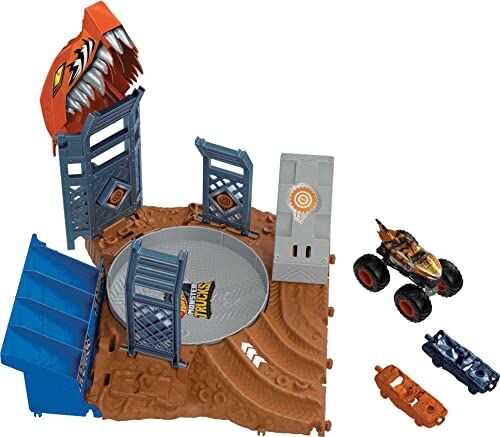 Hot Wheels Monster Trucks Arena degli Scontri, Sfida in Testacoda con Tiger Shark, playset con un truck e 2 macchinine da distruggere, giocattolo per bambini 4+ Anni,