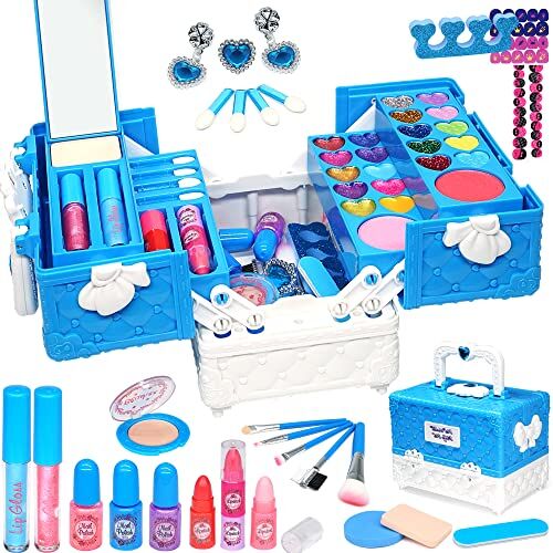 Amerrly Bambini Trucco Set Ragazza Trucco Caso Girl 52PCS Lavabile e Sicuro Bambini Trucco Set Ragazza, Principessa Ragazza Giocattolo 4-12, Festa Compleanno Regali di Natale per Ragazze