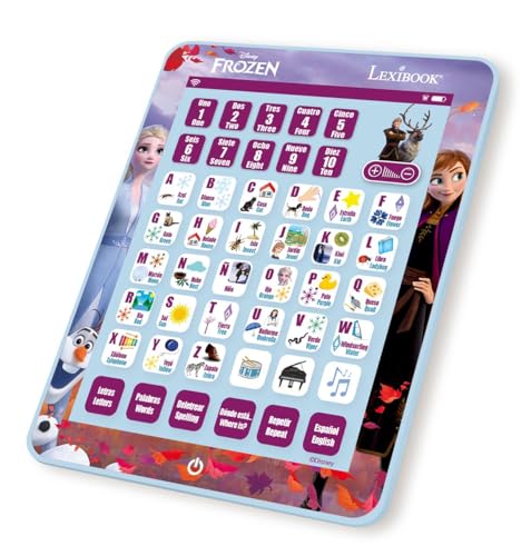Lexibook JCPAD002FZi2 Tavoletta educativa bilingue Disney Frozen, per imparare lettere, numeri, parole, ortografia e musica, lingue inglese/spagnole, blu