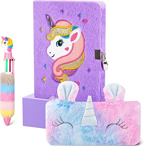 Cooyou Unicorno Bambina Regalo, 3pz Unicorni Peloso Set Include Diario Segreto Bambina con Lucchetto e Astuccio bambino e Penna a Sei Colori, Cancelleria Kawaii per Bambina 5 6 7 8 9 10 Anni,