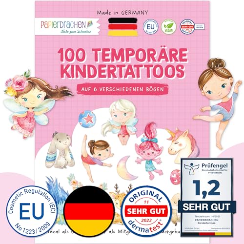 PaPIerDraCHeN 100 tatuaggi per bambini, particolarmente delicati sulla pelle, per bambini, come regalo di compleanno o idea regalo, 100% vegano, testati e realizzati in Germania, set 21