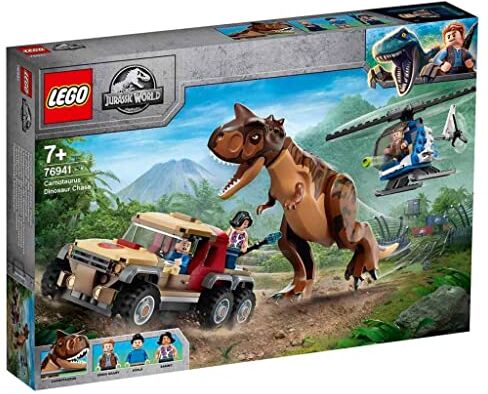 Lego Jurassic World L'Inseguimento del Dinosauro Carnotaurus con Elicottero e Camioncino, Giocattoli per Bambini dai 7 Anni in su,