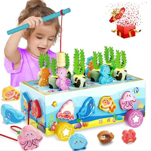 SUNLIRY Giochi Montessori Bambini Bambina 1 2 3 4 Anni Costruzioni Gioco Bambino 1 Anno Giocattoli Gioco di Pesca con 12 Blocchi a Tema Oceanico Giochi in Legno Educativi Regalo Bambino Bimba 1 2 3 4 Anni