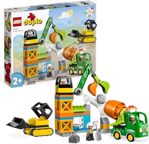 Lego DUPLO Town Cantiere Edile con Bulldozer, Betoniera e Gru Giocattolo per Bambini e Bambine da 2 Anni, Giochi Educativi e Sensoriali con Luci, Suoni e Mattoncini Grandi