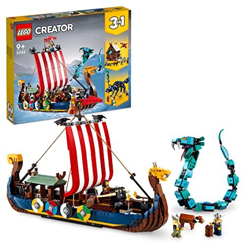 Lego Creator 3 in 1 Nave Vichinga e Jörmungandr, Casa Giocattolo Apribile, Drago e Lupo Snodabili da Costruire, Giochi per Bambini e Bambine, Idee Regalo di Compleanno